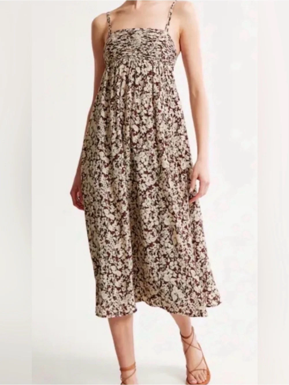 Abercrombie & Fitch Brown Floral Crinkle Pintuck Pleat Cutout Back Maxi Dress